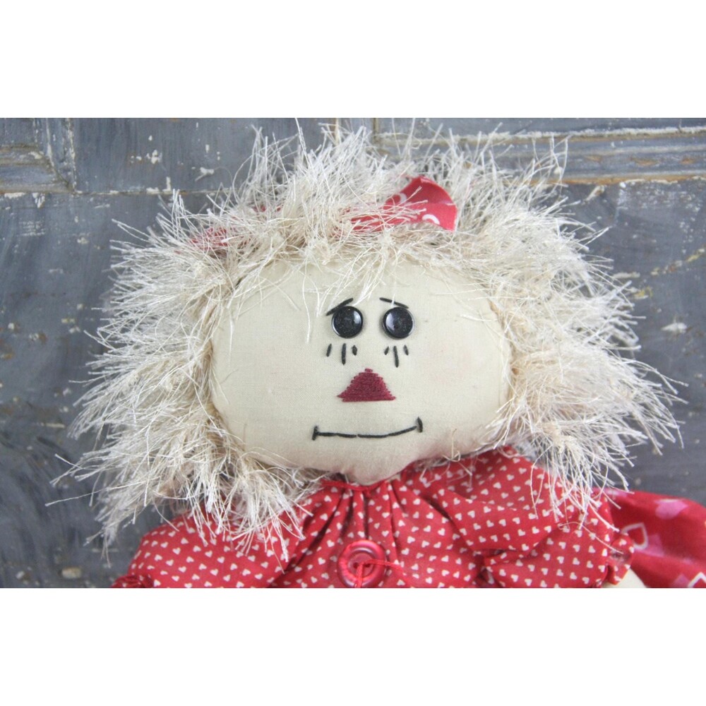 Vintage Plush Hand Sewn Fabric Rag Doll in red dress, button eyes, and wild hair